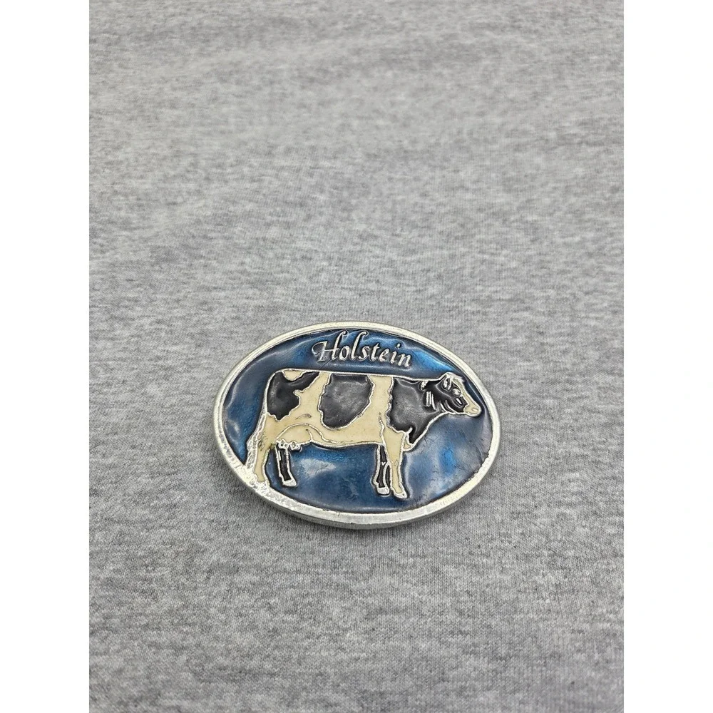Vintage Holstein Cattle Farmer Cow Blue Black White Enamel Belt Buckle Farm